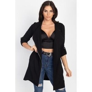 Haute Monde Black Asymmetrical Zip Roll Tab Sleeve Drape Front Jacket Size Med